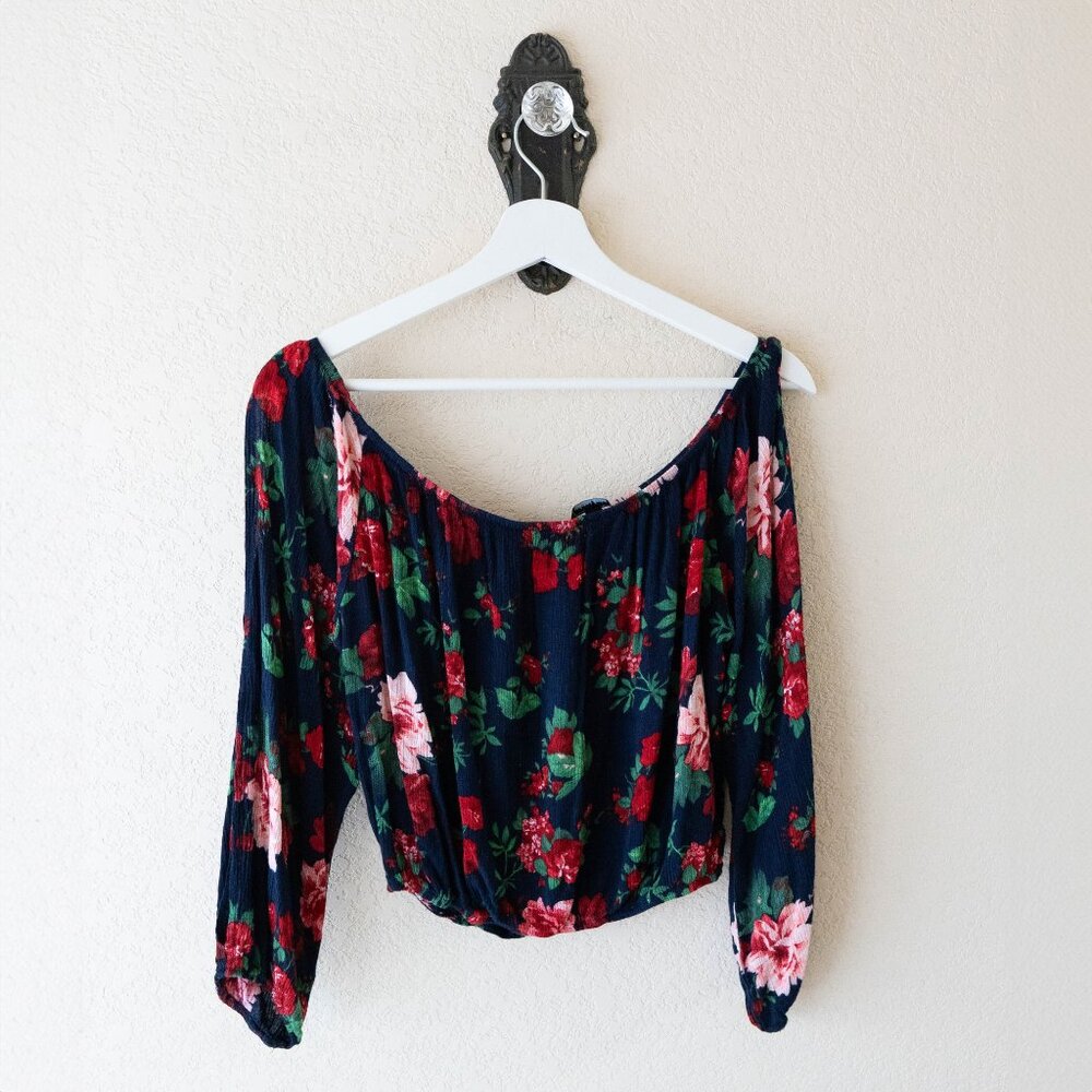 Ambiance Navy Floral Off Shoulder Crop Top | Size L | Long Sleeve Boho Blouse - Picture 4 of 9